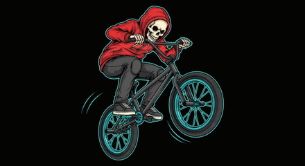 Naklejka premium Skeleton riding a BMX bike with red hoodie performing a stunt on a black background, action sport illustration