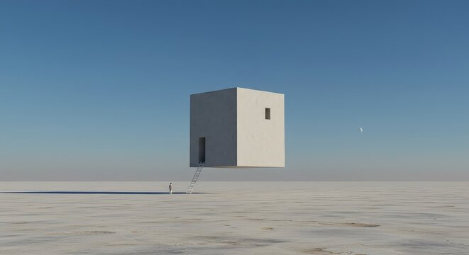 An impossible structure suspended above a vast, featureless plane under a limitless, empty sky. Minimal and strange isolation concept, architectural, surface, wide