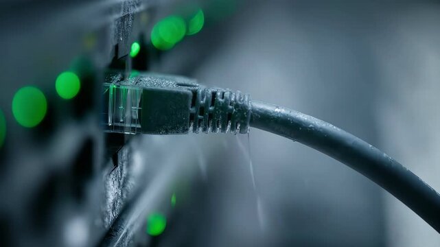 Close-up of a hand plugging a frozen ethernet cable into a port