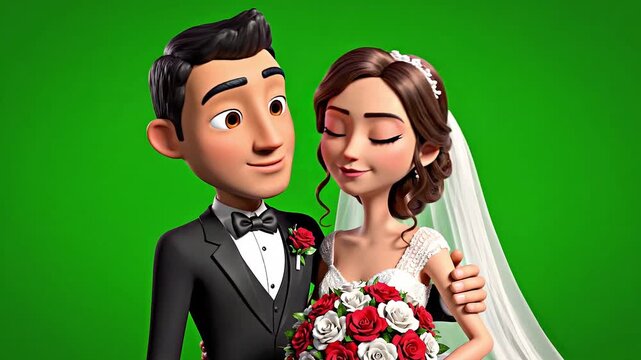 3D Cartoon Groom Kissing Bride Romantic Wedding Animation 4K Green Screen Background