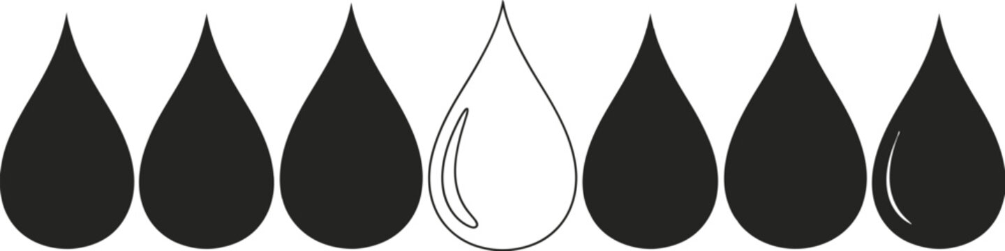Water drop icons set in row layout. Simple silhouette vector for liquid and eco design.