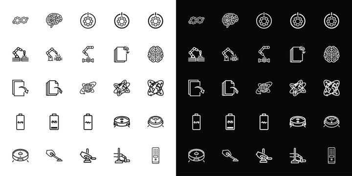 Set of 25 Outline Technology and Business Icons Vector Collection for Web, Mobile Apps, and Digital Interfaces on White and Black Backgrounds
