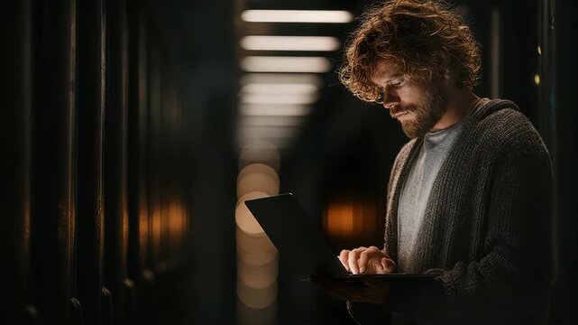 IT specialist with curly hair using a laptop in a dark server room