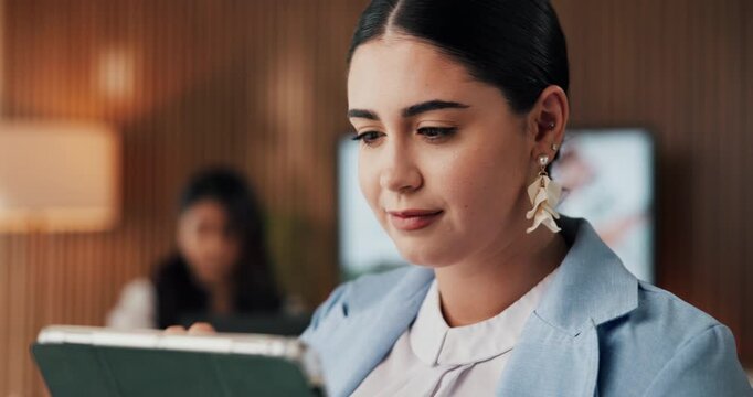 Reading, businesswoman and happy with tablet, office and financial forecasting on website or scroll. Business analyst, laughing and person with tech for investment proposal, online and budget on app