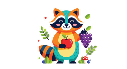 Fototapeta premium A cute cartoon raccoon character holding a red apple and a bunch of purple grapes in the forest