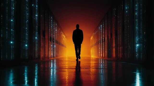 Man walking through a futuristic server aisle with orange glow