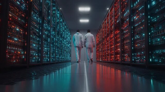 Two scientists in protective suits walking through a server room