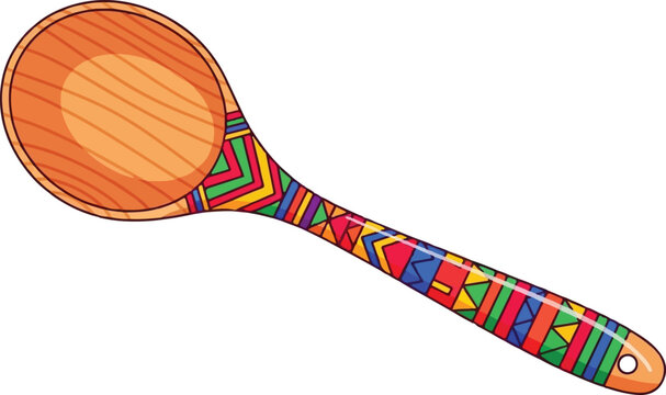 A single wooden kitchen spoon featuring an intricate and colorful tribal pattern on the handle