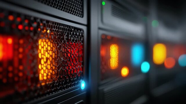 Close up of illuminated server racks in a high tech data center