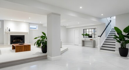 Fototapeta premium Modern renovated basement living space with fireplace and staircase