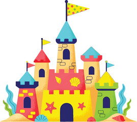 Naklejka premium Colorful cartoon sandcastle illustration with sea shells and seaweed on a clean white background