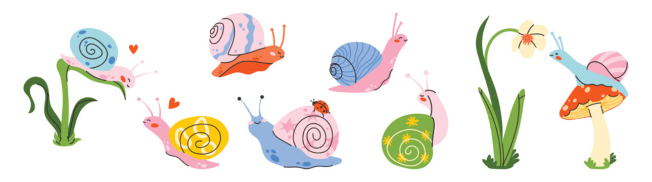 Flat snail sticker vector set in cute spring style. Funny colorful snails with flowers, leaves and mushrooms. Cozy nature collection, cartoon style. Perfect for stickers, kids design and decor.