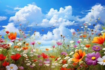 Naklejka premium Colorful wildflowers bursting with life, painting a vibrant meadow under a clear blue sky