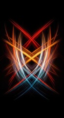 Naklejka premium A vibrant abstract depiction of symmetrical wave interference creating a dynamic visual field of intersecting colorful energy patterns, optical, mathematical, futuristic