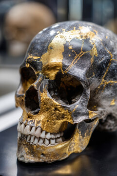 Iper realistic human skull, very detailed, with some gold paint coming from above and covering come part of the skull, black backgroung