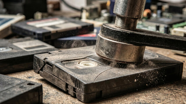 Close-up of a heavy industrial metal press crushing an old dusty computer tape cassette with flying dus