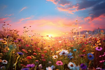 Naklejka premium Wildflowers blooming in a colorful meadow under a vibrant sunset sky