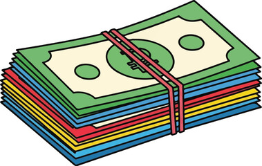 Fototapeta premium A colorful illustration of a stack of paper money bills held together by a single red rubber band
