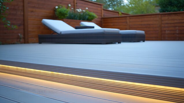 Modern grey composite deck with warm LED lighting, stylish outdoor furniture, and landscaped backyard creating elegant, cozy residential patio space with wooden privacy fence and lawn