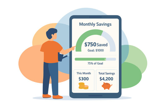 Man checking monthly savings on smartphone app.