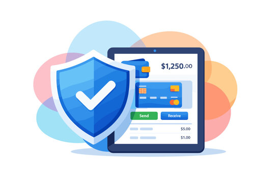 Secure online payment with digital tablet and shield icon.