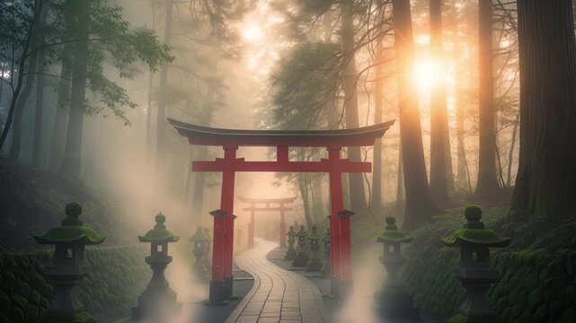 misty japanese torii gate forest cinematic 4k footage