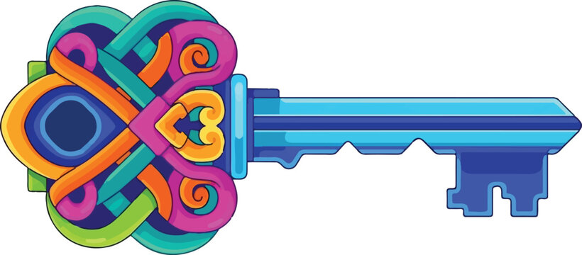 A vibrant and ornate fantasy key featuring intricate knotwork patterns and bright neon colors