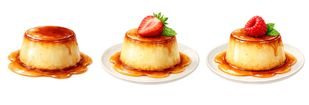A beautiful collection of watercolor caramel flan desserts with strawberry and raspberry toppings, isolated on a transparent background.