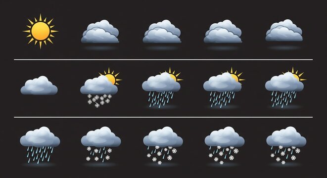 Collection of Weather Icons Showing Different Atmospheric Conditions Like Sun, Clouds, Rain, Snow
