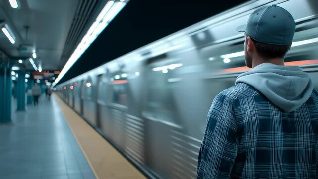 Man waiting on subway platform as train rushes past with motion blur creating dynamic urban transportation scene