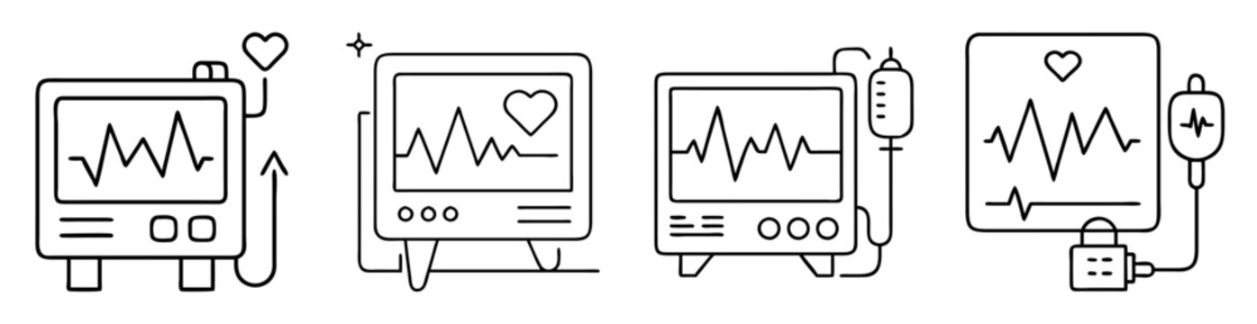 Linear representation of heart monitors with EKG readings and heart icons