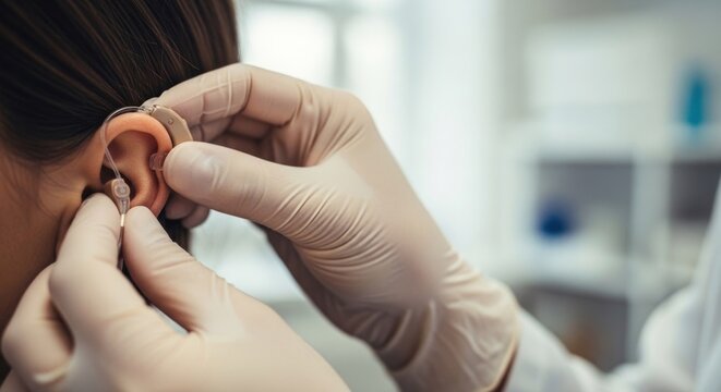 Closeup of audiologist fitting hearing aid in patients ear.