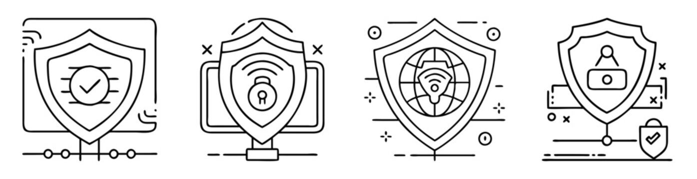 Collection of four distinctive security shield line art icons for internet safety