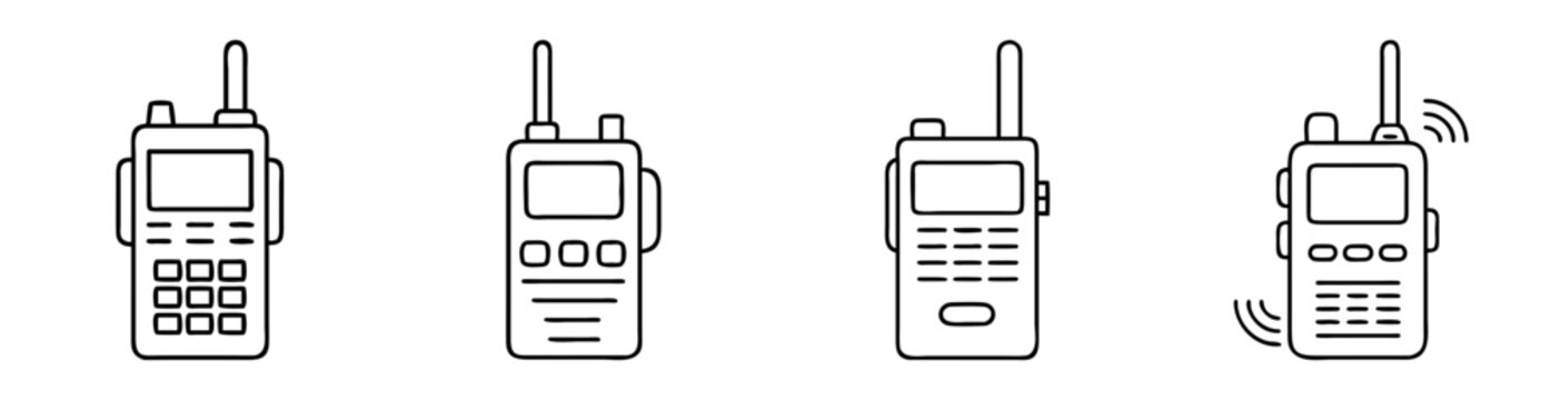 Four minimalist line art depictions of walkietalkies with varying button layouts