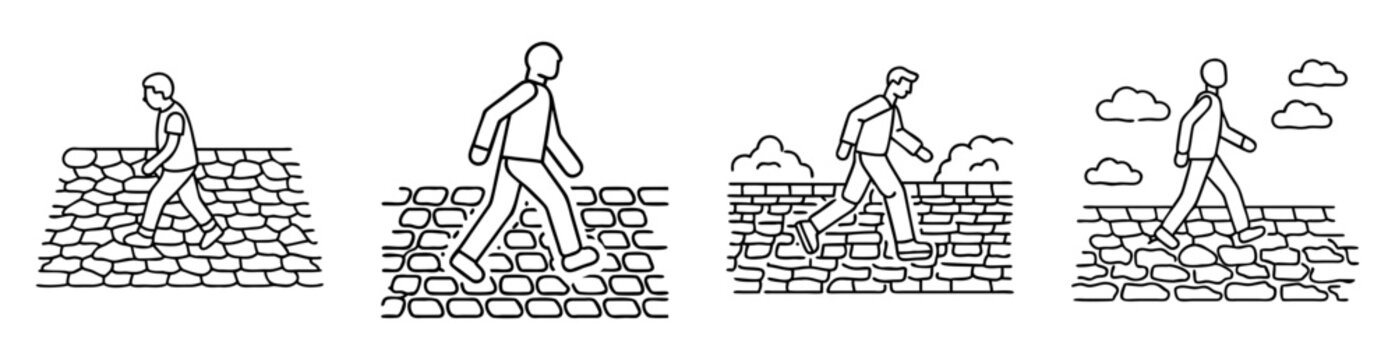 Four figures walking on brick paths in a schematic monochrome illustration