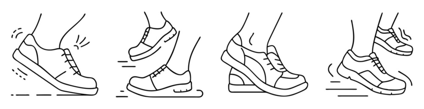 Four distinct line art illustrations of feet in sneakers, demonstrating motion