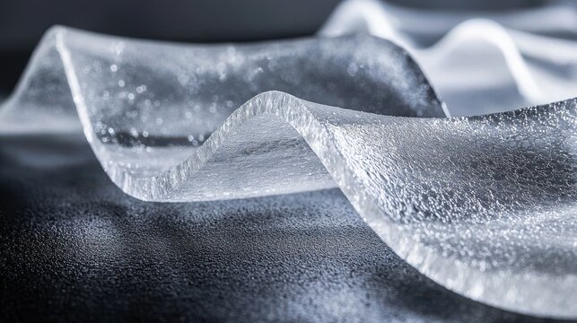 Aerogel texture close-up showcasing transparent ultra-light material with remarkable porous microstructure and dramatic illumination on laboratory surface