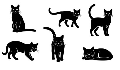 Cat pose silhouette icons vector domestic feline animal set © MdMiraz