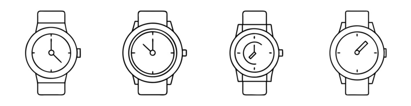 black and white line drawing of four different wristwatches