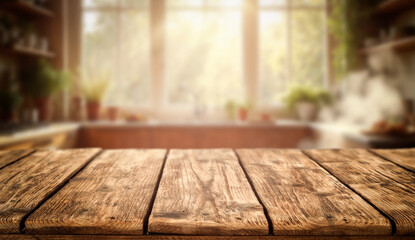 Empty wooden kitchen table with copy space for product placement, set in a bright and sunlit interior. Warm sunlight coming through the window, cozy and inviting atmosphere. 