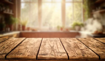 Empty wooden kitchen table with copy space for product placement, set in a bright and sunlit interior. Warm sunlight coming through the window, cozy and inviting atmosphere.  © magdal3na