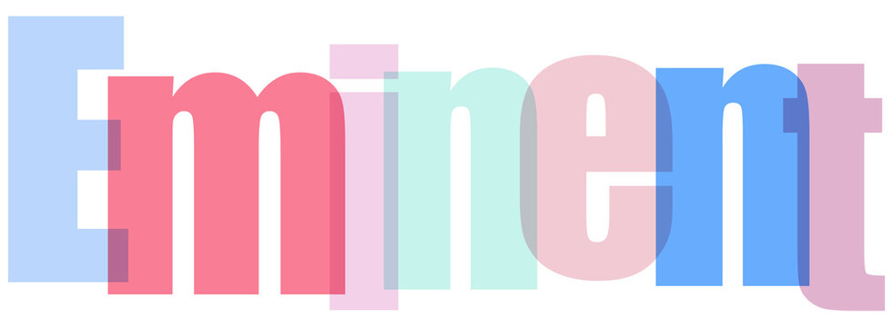 Eminent word text with overlapping transparent letters in blue, red, and teal colors on a clean white background, creating a modern graphic design element