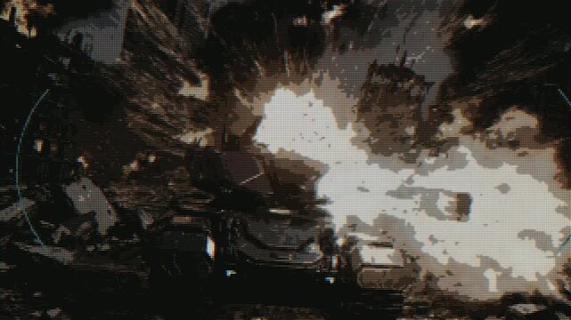 Bright, powerful explosions rip through a dark, ruined city, illuminating the widespread destruction. This dramatic footage depicts a chaotic and catastrophic event.