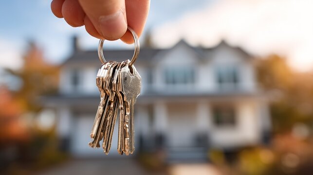 hand holding house keys in front of home, real estate concept, property ownership, buying house.