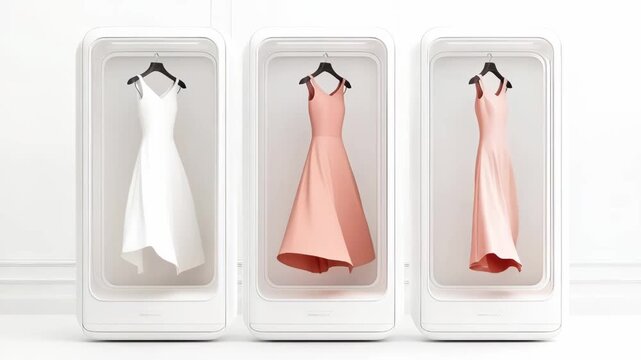Dresses floating and spinning inside modern white display pods in minimalist showroom setting for fashion presentation and retail design