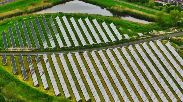 Aerial view of modern residential city Almere. Netherlands. City with solar panels island providing city heating