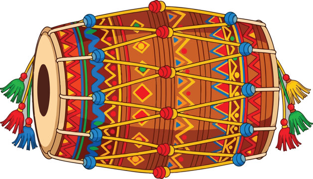A vibrant digital illustration of a traditional indian dholak drum with colorful tribal patterns