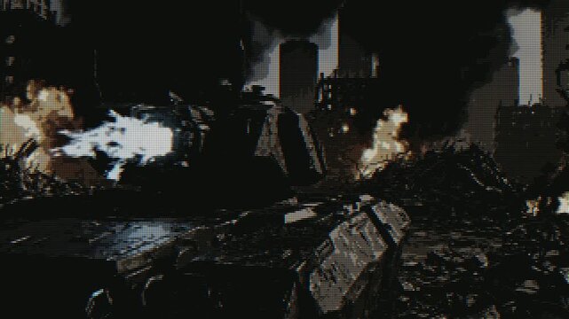 A futuristic half-tone tank. A dark, devastated urban landscape is consumed by widespread fire and intense explosions.