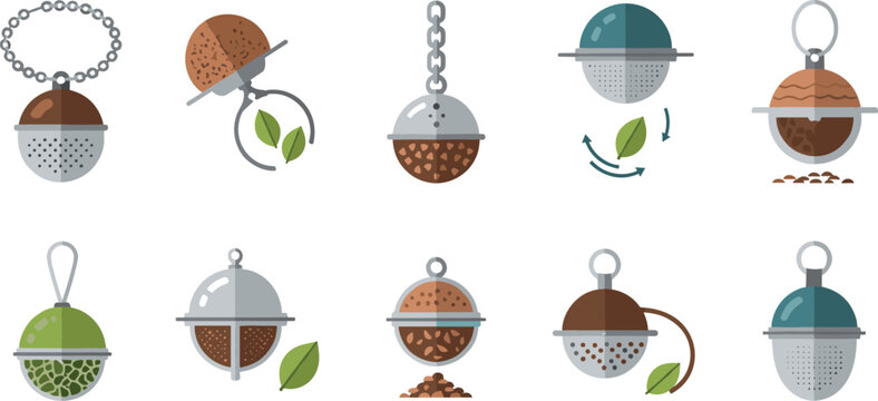 Collection of acorn-shaped tea infusers on transparent background