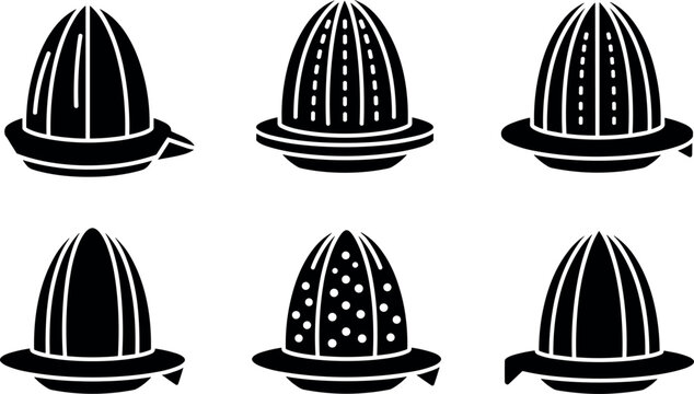 Six black and white illustrations of juicer squeezer icons on transparent background